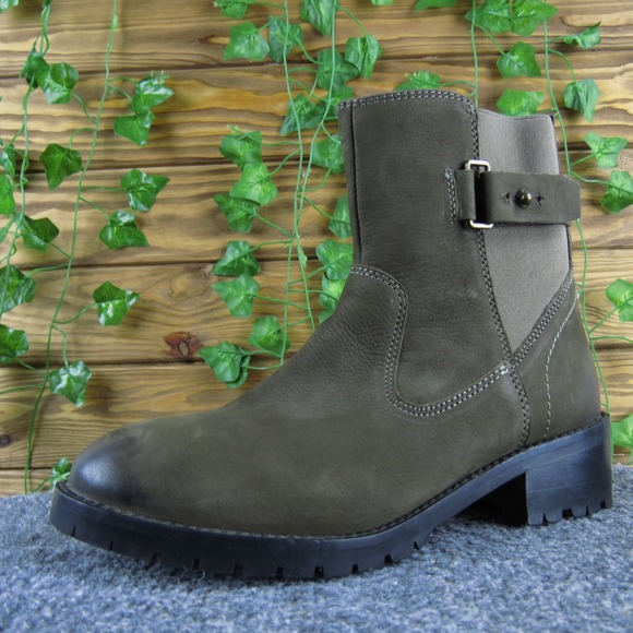 Earth Dariya Arvada Olive Green Leather Ankle Boots Side Zip Buckle Women 7 M - Picture 1 of 8